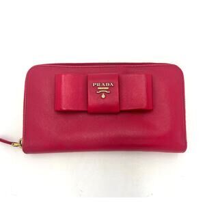 Prada Saffiano Leather Bow Zip Around Hot Pink Continental Wallet- COA Included